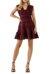Endless Rose Plunge Neck Tiered Lace Linen & Cotton Dress In Burgundy