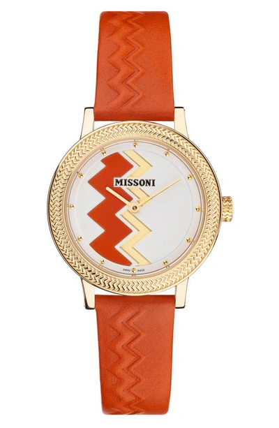 Missoni Optic Zigzag Leather Strap Watch, 35mm In Ip Champagne