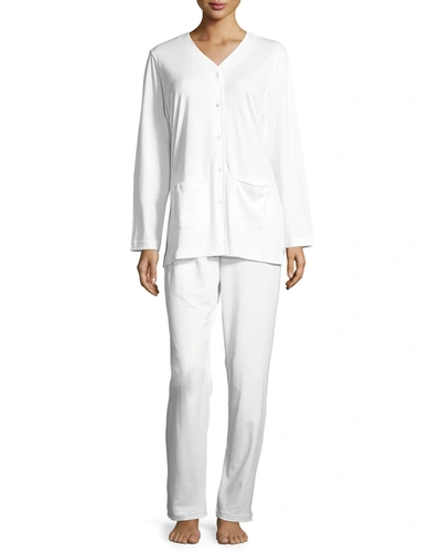 P Jamas Butterknit Button-front Long Pajama Set In White