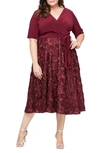 Alex Evenings Tea Length Jersey & Rosette Lace Dress In Merlot