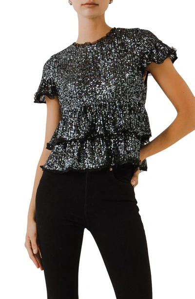 Endless Rose Sequins Baby Doll Top With Mesh In Black
