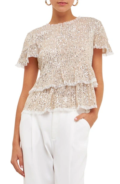 Endless Rose Sequins Baby Doll Top With Mesh In Ivory