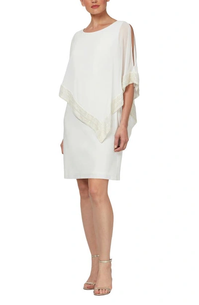 Slny Foil Trim Asymmetrical Popover Capelet Sheath Dress In Ivory Gold