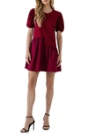 English Factory Puff Shoulder Mixed Media Minidress In Burgundy