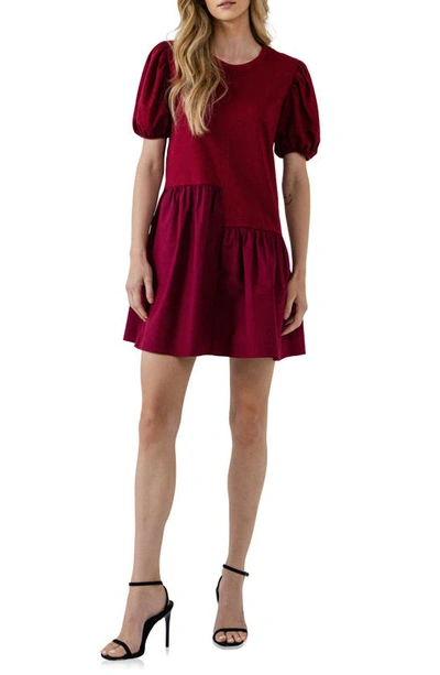 English Factory Puff Shoulder Mixed Media Minidress In Burgundy