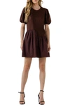 English Factory Puff Shoulder Mixed Media Minidress In Brown