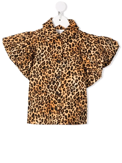 Caroline Bosmans Kids' Leopard-print Puff-sleeve Blouse In Brown