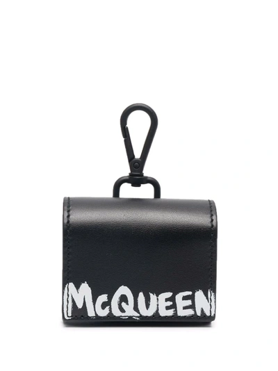 Alexander Mcqueen Graffiti-logo Leather Airpod Case In Black