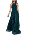 Betsy & Adam Long Halter Neck Metallic Crinkle Dress In Jade
