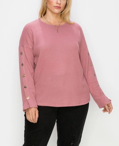 Coin Plus Size Brushed Waffle Crew Button Long Sleeve Top In Mauve