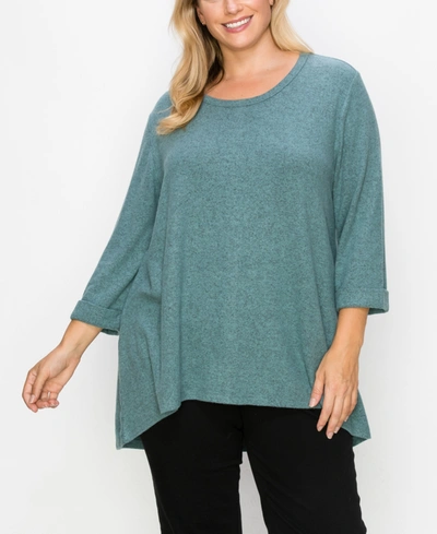 Coin Plus Size Cozy 3/4 Rolled Sleeve Button Back Top In Dusty Blue