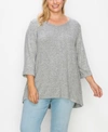 Coin Plus Size Cozy 3/4 Rolled Sleeve Button Back Top In Heather Gray