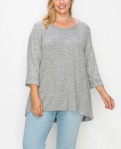 Coin Plus Size Cozy 3/4 Rolled Sleeve Button Back Top In Heather Gray