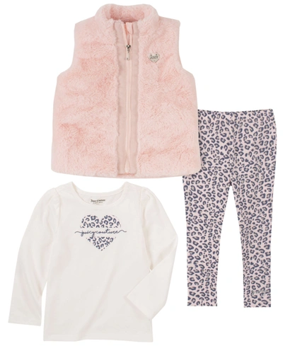 Juicy Couture Little Girls 3 Piece Faux Fur Zip-up Vest, Logo T-shirt And Printed Leggings Set In Pink