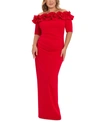 XSCAPE PLUS SIZE RUFFLED OFF-THE-SHOULDER GOWN