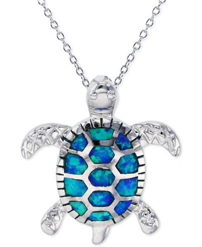 Macy's Lab-created Blue Opal Turtle 18" Pendant Necklace In Sterling Silver