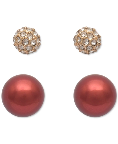 Charter Club Gold-tone 2-pc. Set Pave Fireball & Colored Imitation Pearl Stud Earrings, Created For Macy's In Red