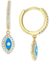 Macy's Cubic Zirconia & Blue Enamel Evil Eye Dangle Hoop Earrings In 14k Gold-plated Sterling Silver In Yellow Gold