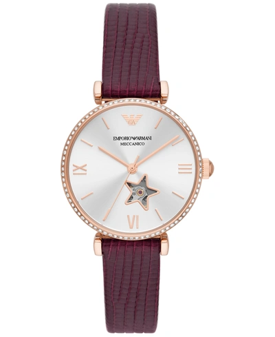 Emporio Armani Women's Automatic Burgundy Leather Strap Watch 34mm In Beige Gold