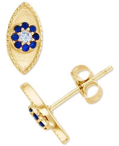Macy's Lab-created Blue Spinel (1/8 Ct. T.w.) & Cubic Zirconia Evil Eye Stud Earrings In 14k Gold-plated St