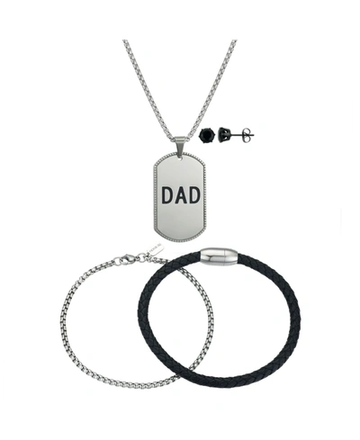 He Rocks Men's Stainless Steel Dad Pendant With Layered Chain Leather Bracelet And Black Cubic Zirconia Earri In Silver-tone