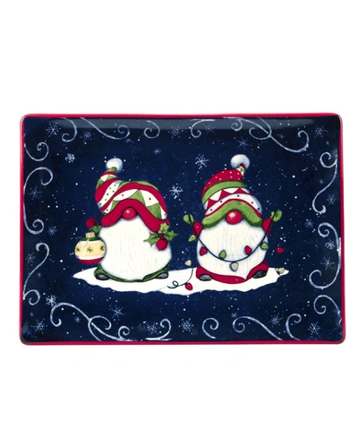 Certified International Holiday Magic Gnomes Rectangular Platter, 14" X 10" In Blue