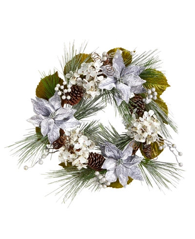 Nearly Natural Poinsettia, Hydrangea And Pinecones Artificial Christmas Wreath, 24" In Silver-tone