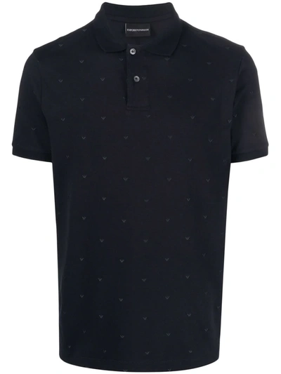 Emporio Armani Stretch Piqué Polo Shirt With All-over In Navy Blue