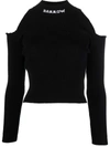 Barrow Woman Black Ribbed Sweater With Logo And Off Shoulders