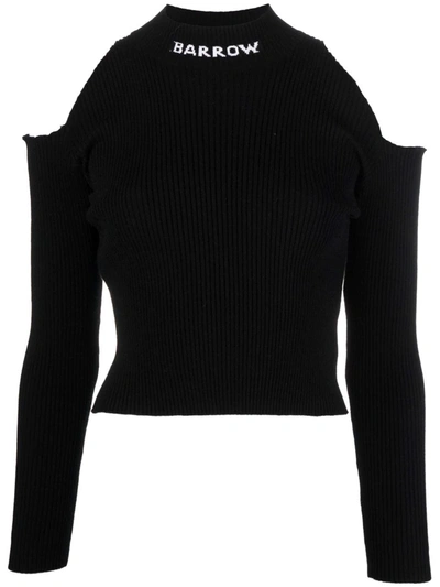 Barrow Woman Black Ribbed Sweater With Logo And Off Shoulders