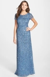 ADRIANNA PAPELL SHORT SLEEVE SEQUIN MESH GOWN,091874600