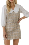 English Factory Combination Tweed Vest & Poplin Blouse In Beige