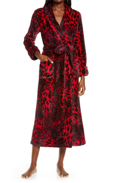 Natori Plush Velour Leopard Wrap Robe With Pockets + Tie In Brocade Red