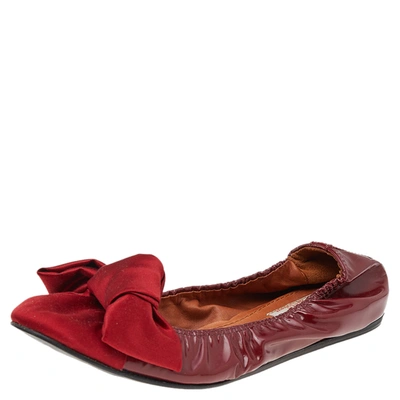 Pre-owned Lanvin Red Satin And Leather Bow Scrunch Ballet Flats Size 38