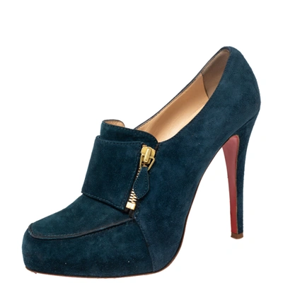 Pre-owned Christian Louboutin Teal Blue Suede Loafer Booties Size 39