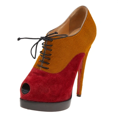 Pre-owned Christian Louboutin Yellow/red Pony Hair And Suede Miss Poppins Peep Toe Platform Booties Size 36.5