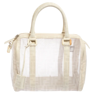 Pre-owned Fendi White Zucca Mesh And Coated Canvas Bauletto Boston Bag