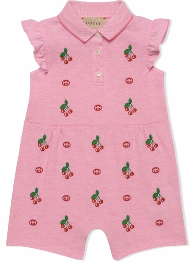 Gucci Babies' Embroidered Cotton Oxford Piquet Romper In Rosa