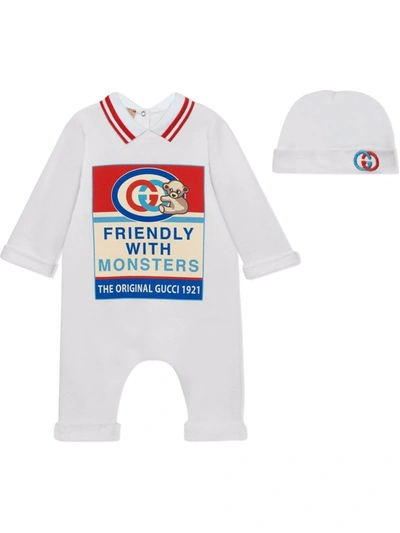 Gucci Babies' Kids Cotton Slogan Playsuit And Hat Set (0-24 Months) In White