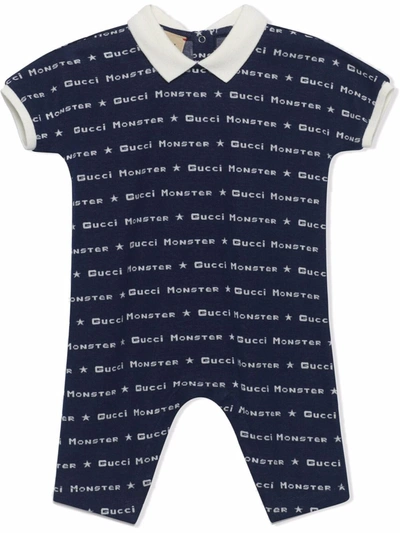 Gucci Babies'  Monster Cotton Jacquard Romper In Blue