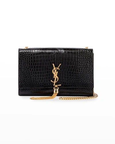 Saint Laurent Kate Medium Tassel Ysl Crossbody Bag In Croc-embossed Leather In Noir