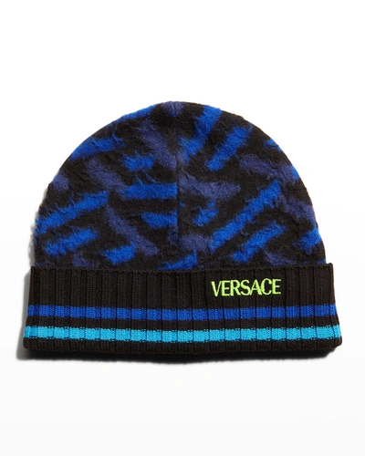 Versace Men's Greca Fuzzy Wool Beanie Hat In Blue