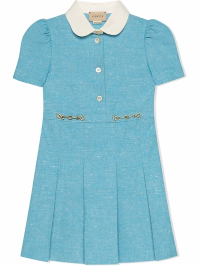 Gucci Kids Blue Slubbed Cotton-blend Dress In Light Blue