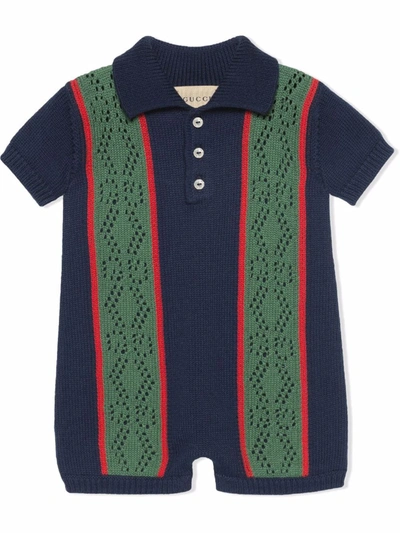 Gucci Babies' Cotton Intarsia Knit Romper In Blue