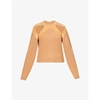 DION LEE WOMENS TAN VACHETTA LEATHER-TRIMMED COTTON-BLEND KNITTED JUMPER S