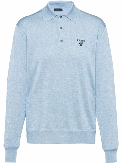 Prada Brand-embroidered Regular-fit Polo Knit Top In Blue