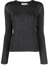 Tory Burch Metallic Stripe Ribbed Merino Wool Sweater In Schwarz