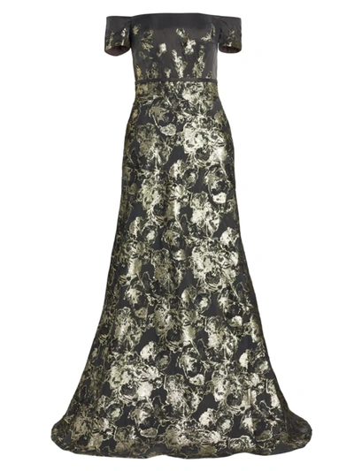 Rene Ruiz Collection Metallic Jacquard A-line Gown In Silver Gold