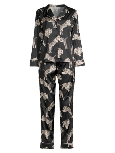 Averie Sleep Safari Starry Nights Tiger Print Pajama Set In Black