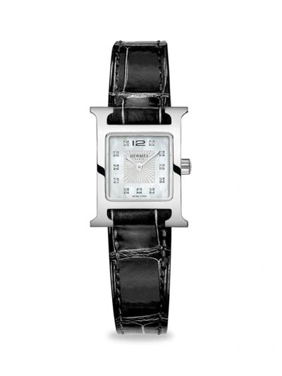 Pre-owned Hermes Heure H 21mm Stainless Steel, Diamond & Alligator Strap Watch In Black
